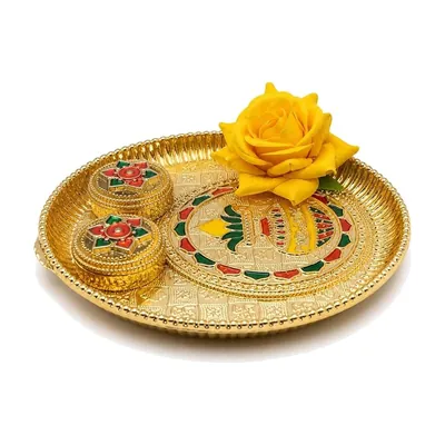 Gold Meenakari Puja Thali with 2 Lidded Katori by Atreya