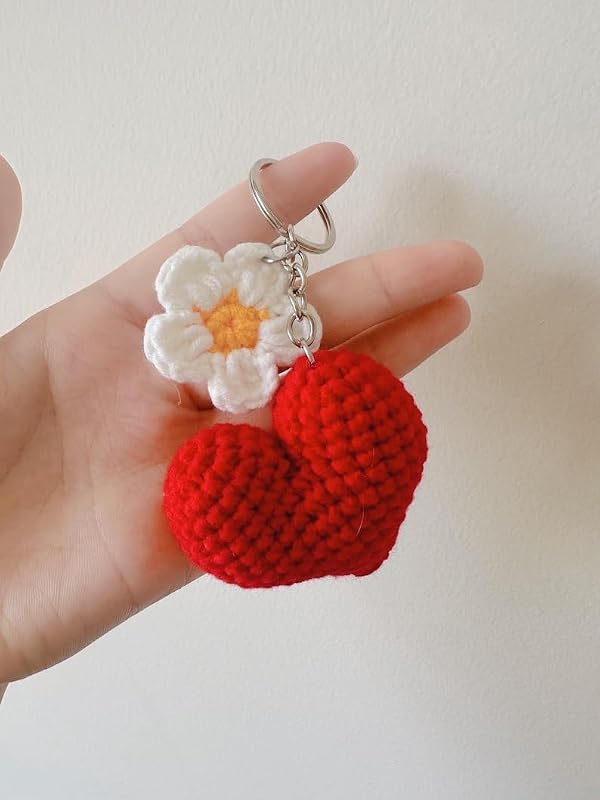 Crochet Heart Keychain with Flower