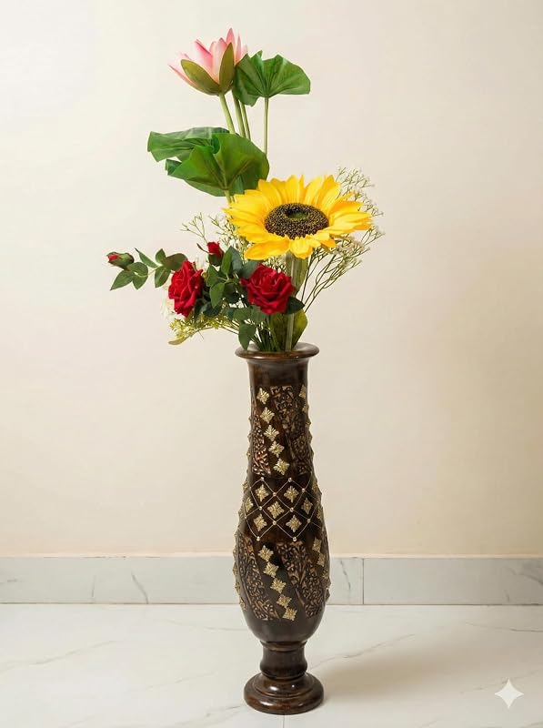 Wooden Floor Vase with Brass Work