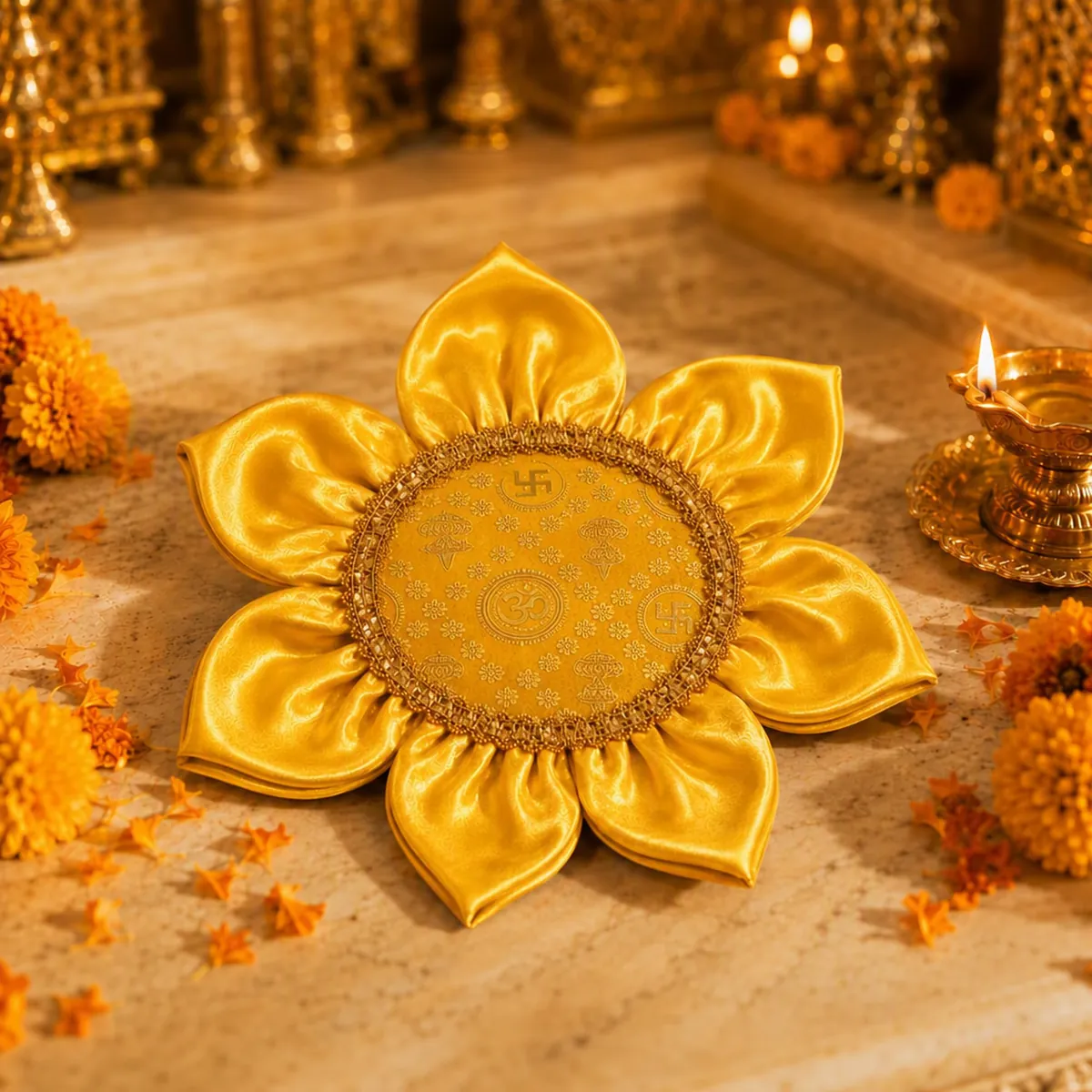 A yellow lotus pooja aasan on a mandir shelf among marigolds and brass
