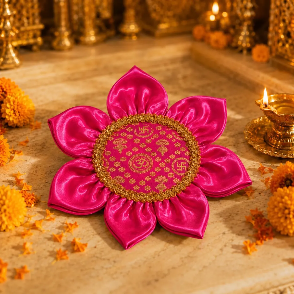 A rani pink lotus pooja aasan among marigold petals