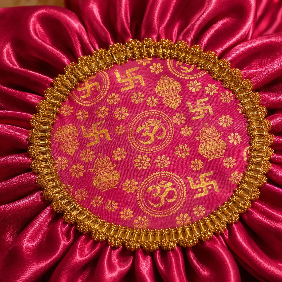 Close up of the satin petals and hand stitched gold beaded border of a lotus aasan