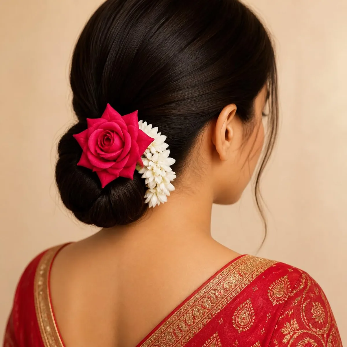 A red rose and jasmine gajra pinned into a bun, worn with a red silk saree